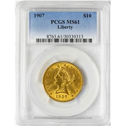 1907 $10 Liberty Head Eagle Gold Coin PCGS MS61