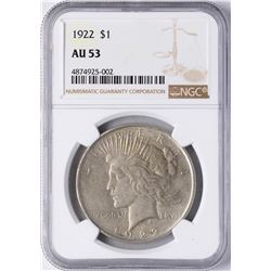 1922 $1 Peace Silver Dollar Coin NGC AU53