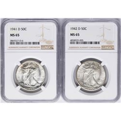 Lot of 1941-D & 1942-D Walking Liberty Half Dollar Coins NGC MS65