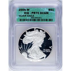 2005-W $1 Proof American Silver Eagle Coin ICG PR70DCAM