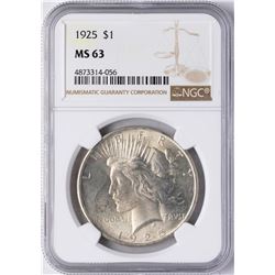 1925 $1 Peace Silver Dollar Coin NGC MS63