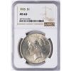 Image 1 : 1925 $1 Peace Silver Dollar Coin NGC MS63