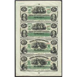 Uncut Sheet of $5/$5/$10/$10 State of South Carolina Obsolete Notes