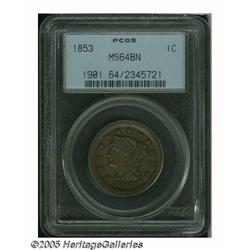 1853 1C MS64 Brown PCGS. N-3, R.1. A meticulously