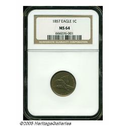 1857 1C MS64 NGC. Boldly struck, if slightly weak