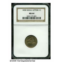 1858 1C Small Letters MS64 NGC. Unusually clear s