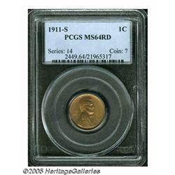 1911-S 1C MS64 Red PCGS. Both sides display soft,
