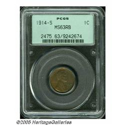 1914-S 1C MS63 Red and Brown PCGS. The pale-gold 