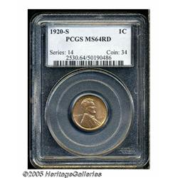 1920-S 1C MS64 Red PCGS. Reddish-golden color ove