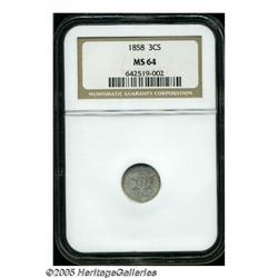 1858 3CS MS64 NGC. Softly struck on the periphera