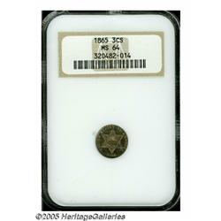 1865 3CS MS64 NGC. Mottled golden-brown, lavender