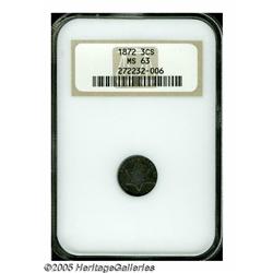 1872 3CS MS63 NGC. Mottled lilac, cobalt-blue, an