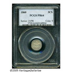 1860 3CS PR64 PCGS. Watery, dove-gray surfaces wi