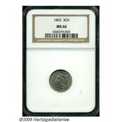 1865 3CN MS66 NGC. Light golden-gray patina overl