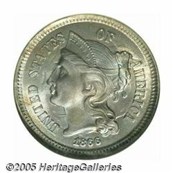 1866 3CN MS68 NGC. A breathtaking Mint State repr