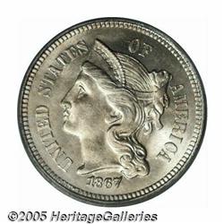 1867 3CN MS66 PCGS. A pristine Gem with brilliant