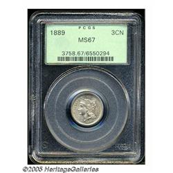 1889 3CN MS67 PCGS. Satiny and liberally frosted 