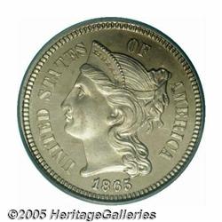 1865 3CN PR66 Cameo PCGS. Repunched Date. B. 2-B.