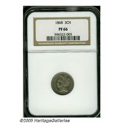 1868 3CN PR66 NGC. Bright proof surfaces reveal a