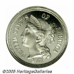 1868 3CN PR67 Ultra Cameo NGC. Outstanding white 