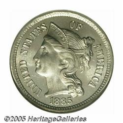 1885 3CN PR67 Cameo NGC. Pastel gold hues confirm