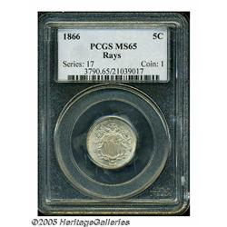 1866 5C Rays MS65 PCGS. RPD, F-21. Boldly struck,