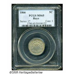 1866 5C Rays MS65 PCGS. Repunched Date. Quite an 