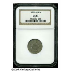 1867 5C Rays MS64 NGC. This near-Gem has light gr