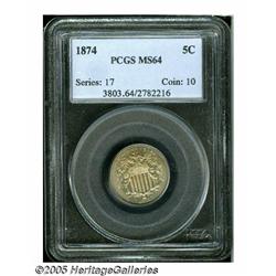 1874 5C MS64 PCGS. The strike is particularly wel