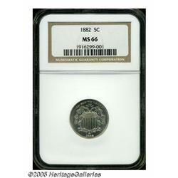 1882 5C MS66 NGC. Very faint wisps of light tan p