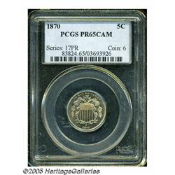 1870 5C PR65 Cameo PCGS. Nicely mirrored with app