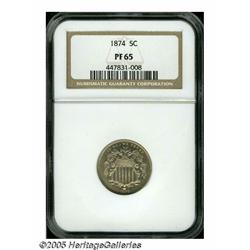 1874 5C PR65 NGC. Whispers of light gild patina g