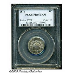 1874 5C PR66 Cameo PCGS. Warmly patinated in gold