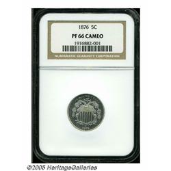 1876 5C PR66 Cameo NGC. Speckles of milky-gray pa