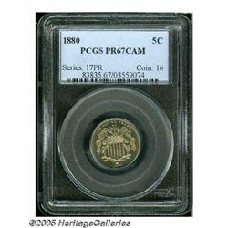 1880 5C PR67 Cameo PCGS. Scattered with faint gol