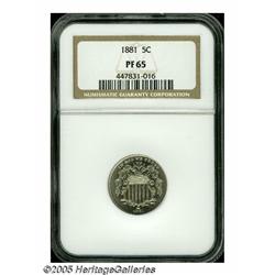 1881 5C PR65 NGC. Near-brilliant surfaces display