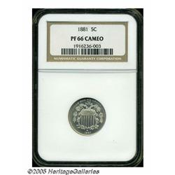 1881 5C PR66 Cameo NGC. Speckles of light milky-g