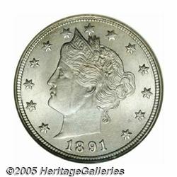 1891 5C MS66 NGC. Faint tan toning bathes lustrou
