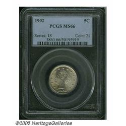 1902 5C MS66 PCGS. Bright, silvery, lustrous surf