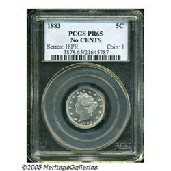 1883 5C No Cents PR65 PCGS. Speckles of milky-gra