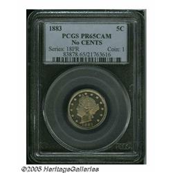 1883 5C No Cents PR65 Cameo PCGS. Fully struck wi