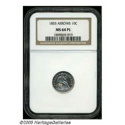 1855 10C Arrows MS64 Prooflike NGC. A well struck