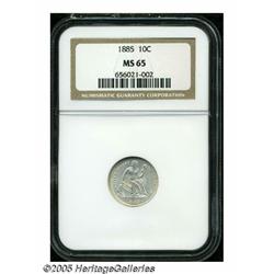 1885 10C MS65 NGC. Impeccable, satiny white surfa