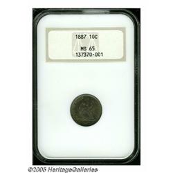 1887 10C MS65 NGC. Blue-green, crimson, and deep 