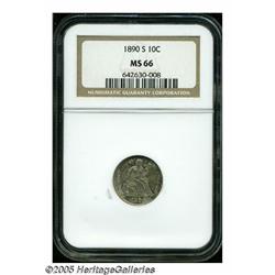 1890-S 10C MS66 NGC. Well struck with an uneven c