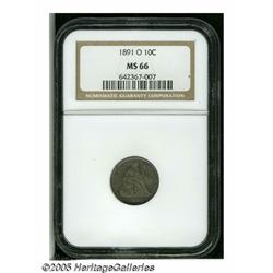 1891-O 10C MS66 NGC. Aquamarine and rose colors i