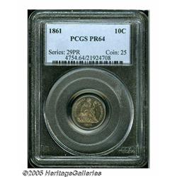 1861 10C PR64 PCGS. Moderately toned with deeply 