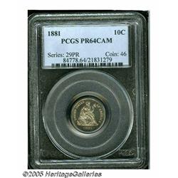 1881 10C PR64 Cameo PCGS. Dappled cobalt-blue and