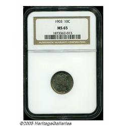 1903 10C MS65 NGC. Lovely lime-green, purple-rose