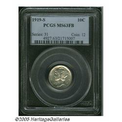 1919-S 10C MS63 Full Bands PCGS. Silver-gray surf